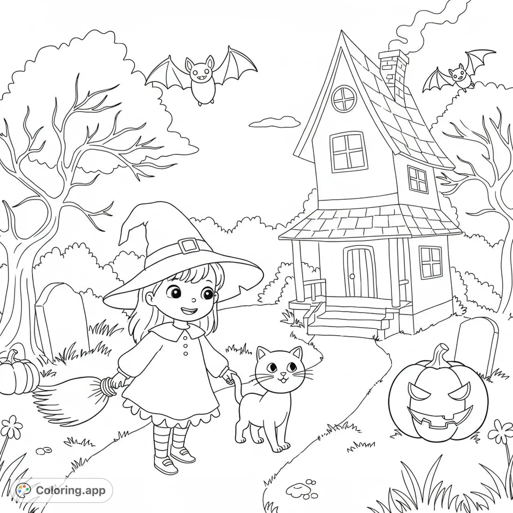 A delightful Halloween scene with a friendly witch, her cat, a spooky house, and flying bats. Perfect for a fun, magical coloring adventure!