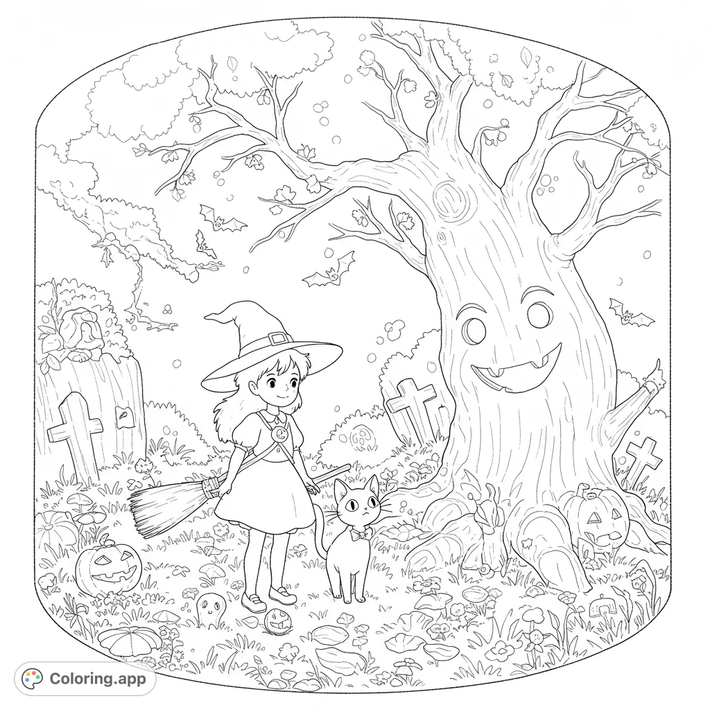 A charming witch and her cat explore a whimsical Halloween forest with a friendly talking tree, spooky pumpkins, and flying bats.