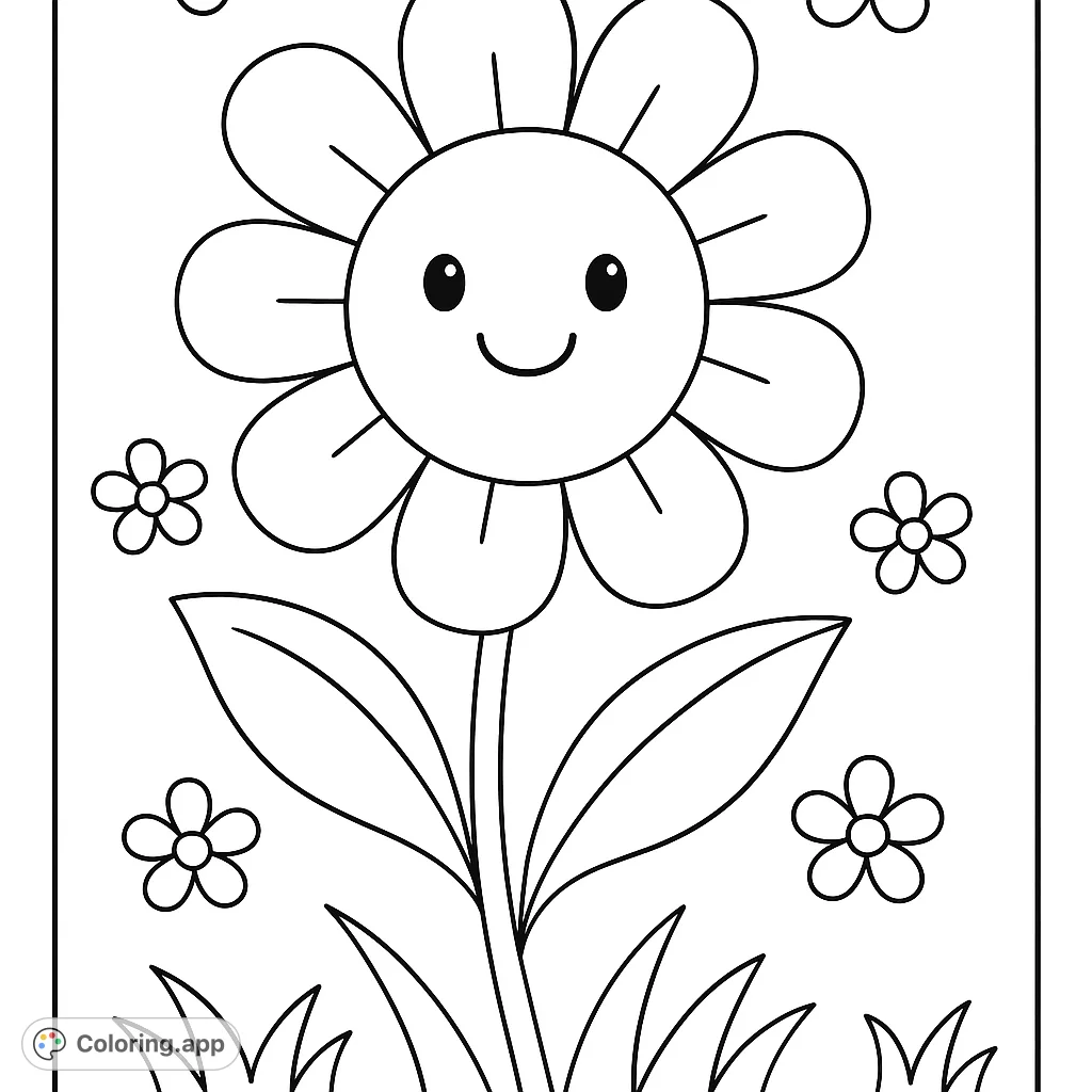 A delightful flower coloring page featuring a smiling daisy, surrounded by smaller blossoms and grass. Perfect for a cheerful coloring experience!