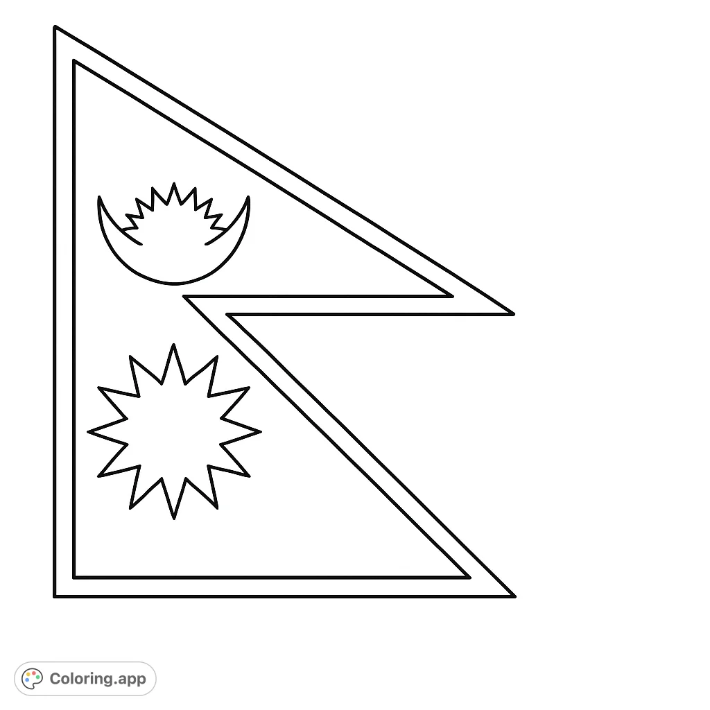 Color the iconic Nepalese flag! Features a unique double-triangle shape with a crescent moon and a 12-pointed sun.