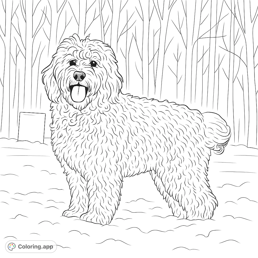 A happy, fluffy dog stands in a winter forest, ready for a burst of color. Perfect for dog lovers and nature enthusiasts!