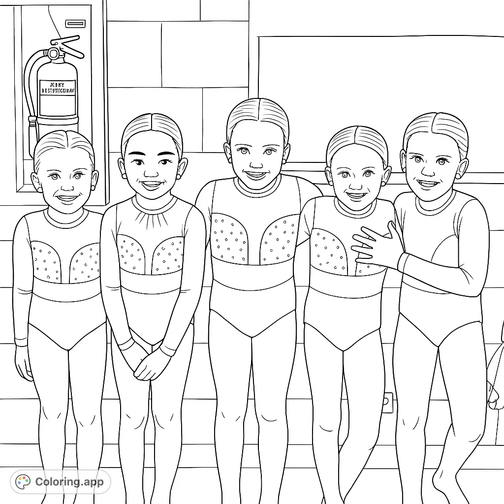 Five cheerful gymnasts in patterned leotards pose together, ready for a vibrant splash of color. A fun, free printable gymnastics coloring page for kids!