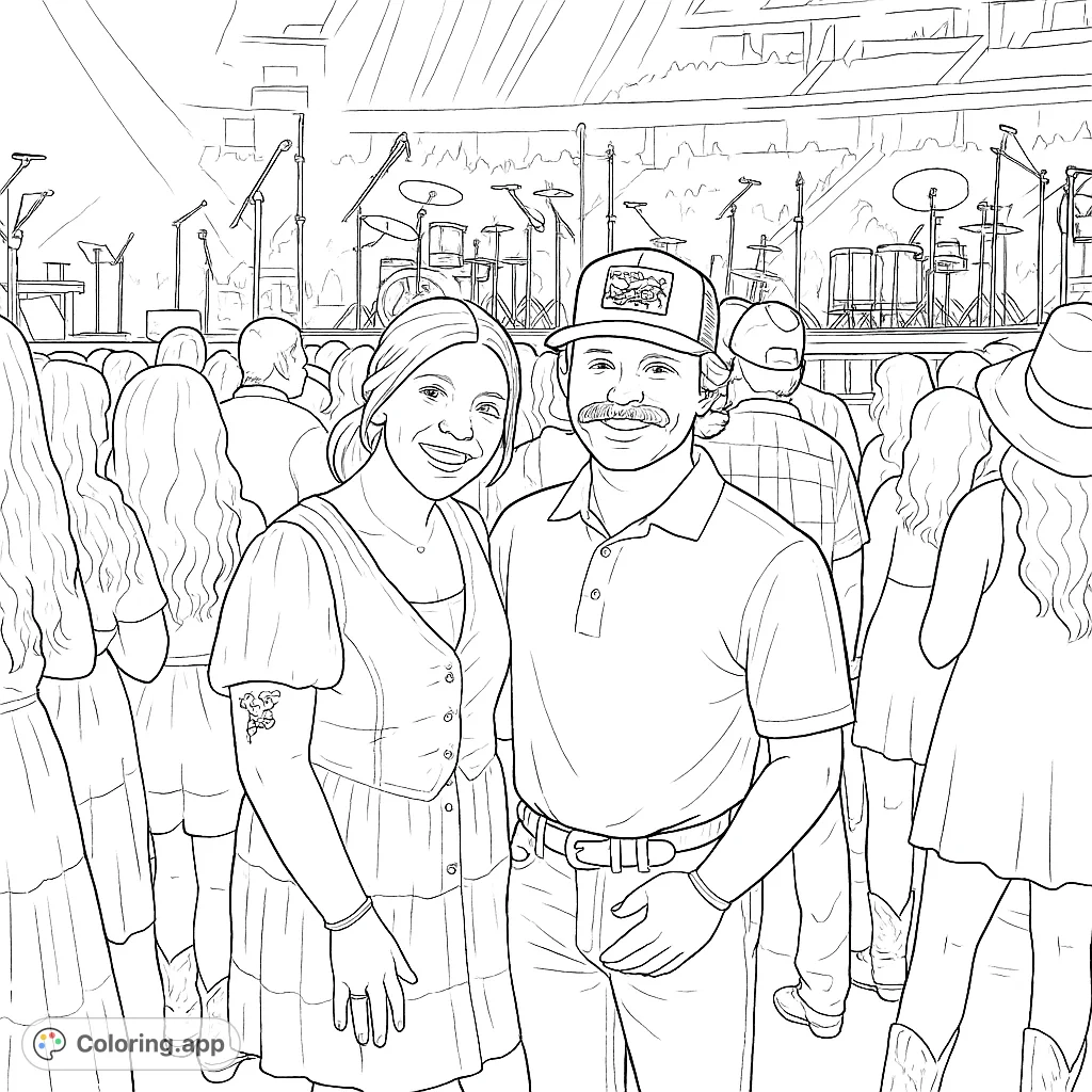 Immerse yourself in a lively concert scene! A smiling couple in the foreground, surrounded by a crowd, with a detailed stage and instruments.