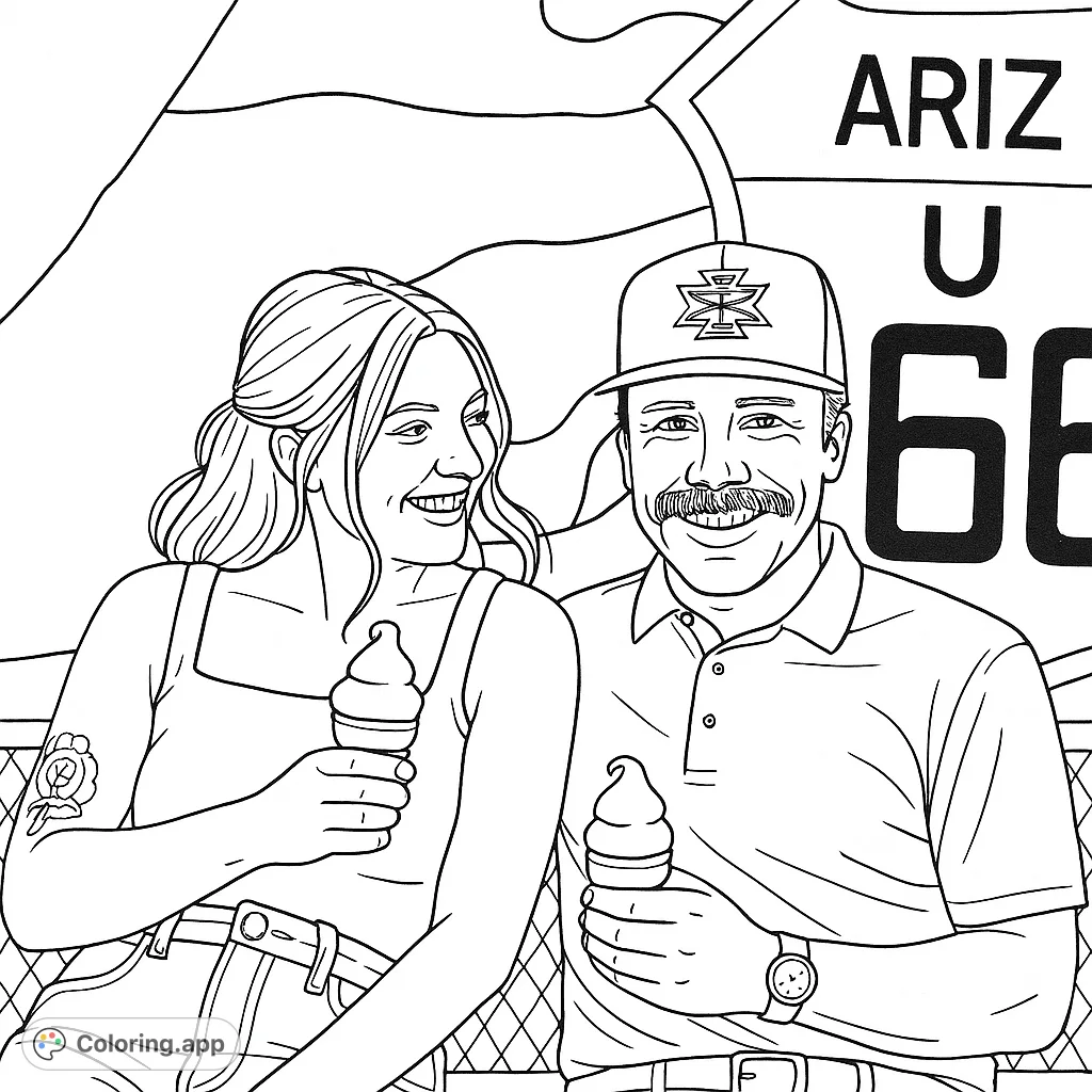 Capture the joy of a Route 66 road trip with this free printable coloring page featuring a smiling couple enjoying ice cream. Perfect for all ages!