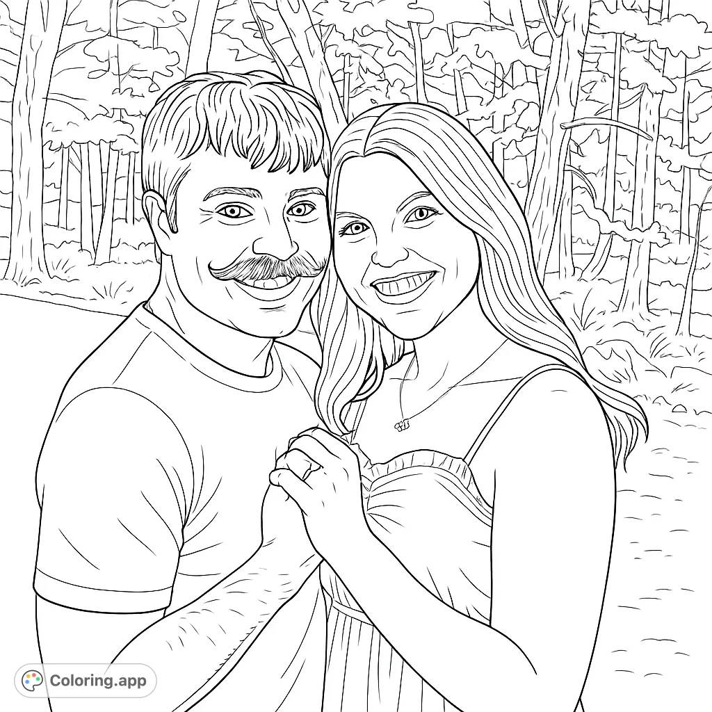 A heartwarming couple's portrait in a serene forest, perfect for a romantic coloring page. Features a smiling man with a mustache and a woman with long hair, holding hands.