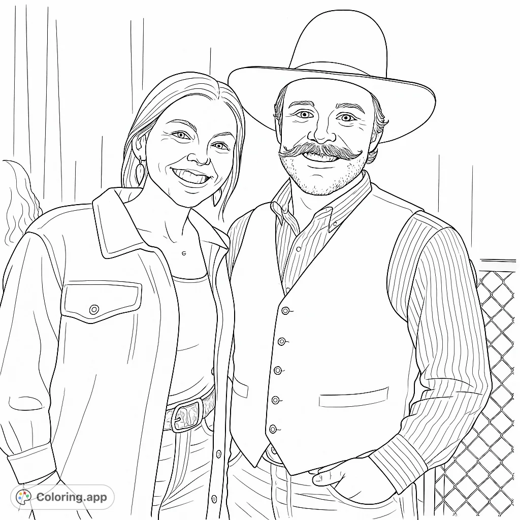 A smiling cowboy and woman in a detailed Western-themed line drawing, perfect for a free printable country coloring page.