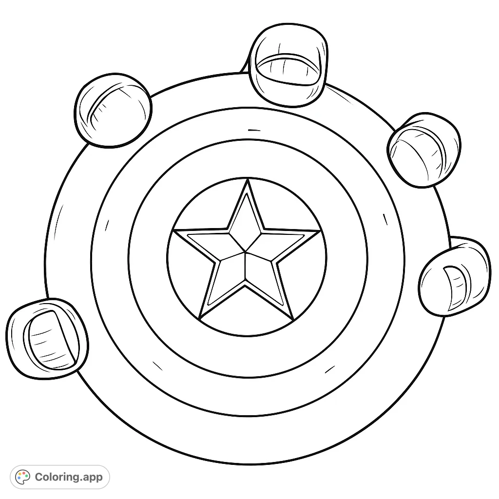 Color a powerful superhero shield featuring a bold star and concentric circles. A free printable superhero shield coloring page for all ages.