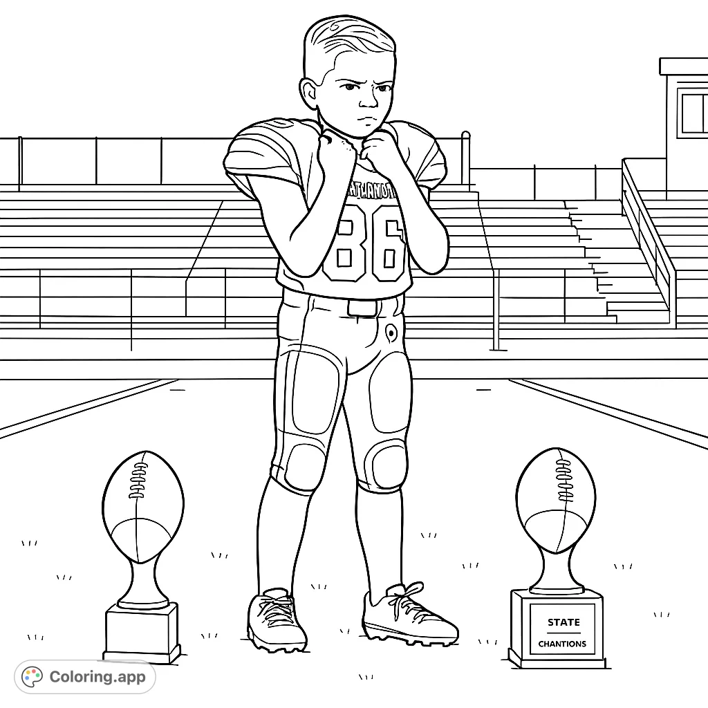 A determined young football player stands proudly with championship trophies on a stadium field. A dynamic football coloring page for sports fans.