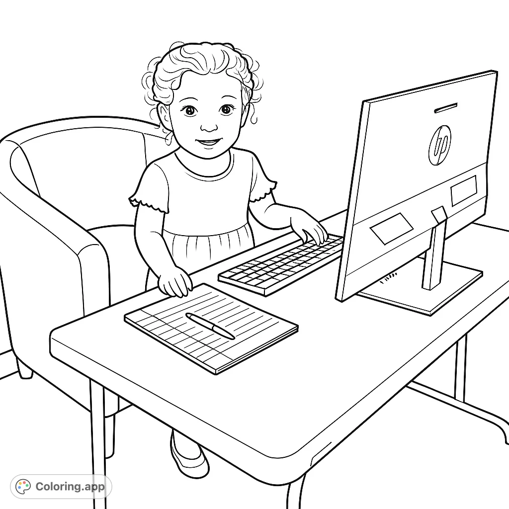 A delightful little learner sits at a computer desk with a keyboard and notebook, ready to explore. Perfect for kids and aspiring tech enthusiasts!