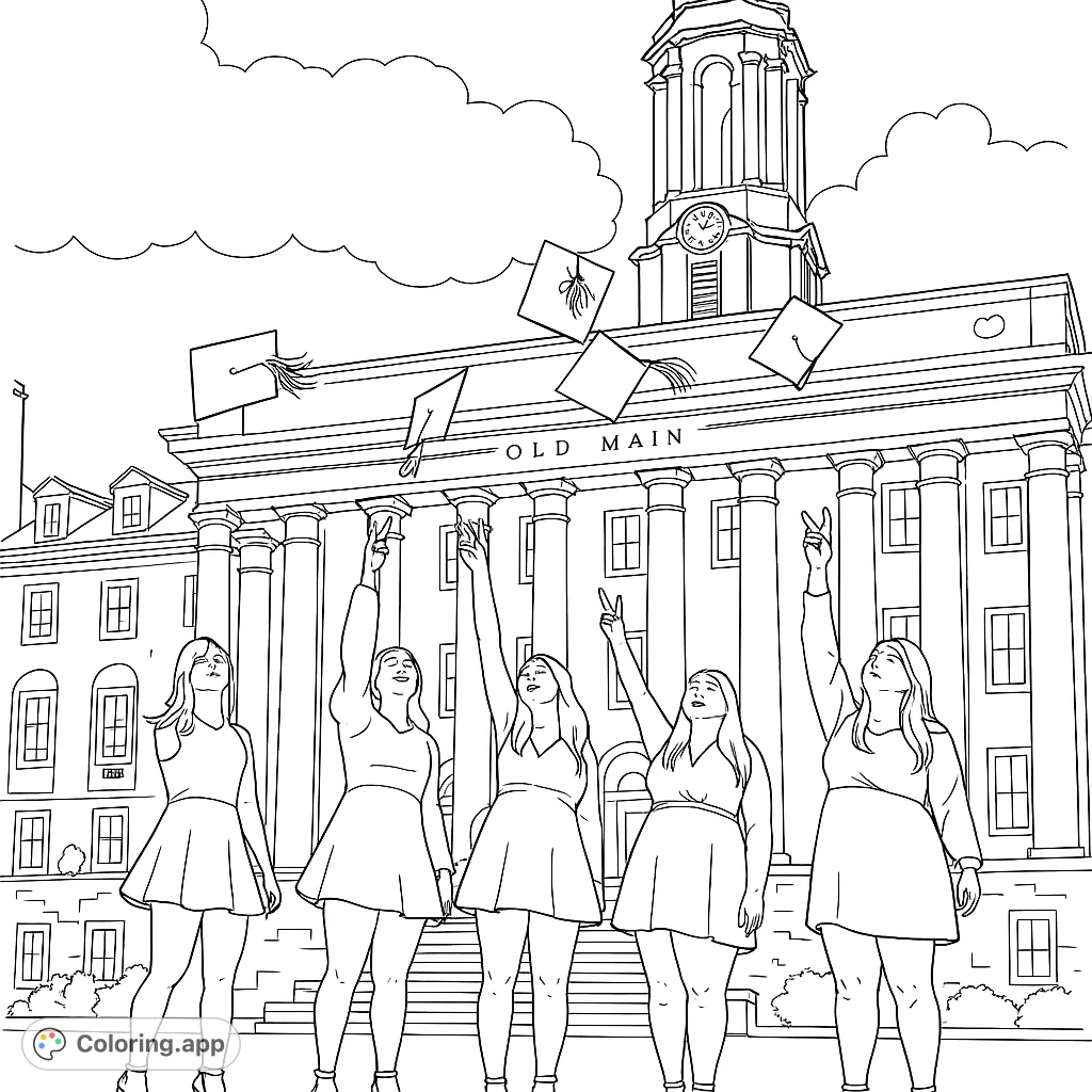 Celebrate achievement with this graduation coloring page! Five joyful women throw caps in front of a grand university building.