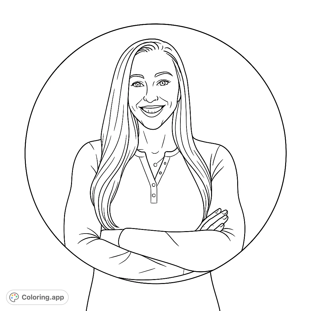 A friendly woman with long hair and a confident smile, arms crossed, set against a simple circular background. Perfect for personalizing this portrait coloring page.