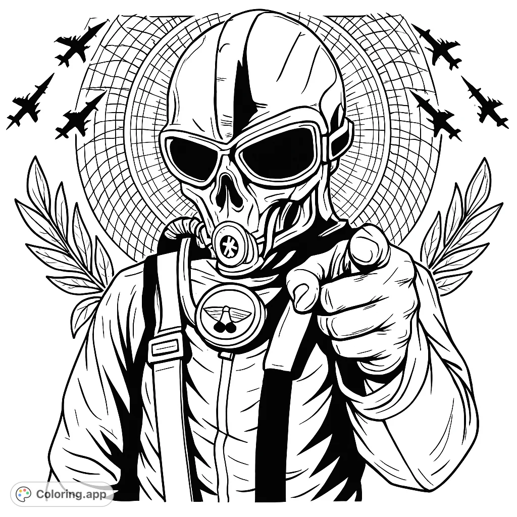 Intense pilot skull with gas mask points forward, surrounded by fighter jets and a target grid. A powerful, detailed military-themed coloring page.