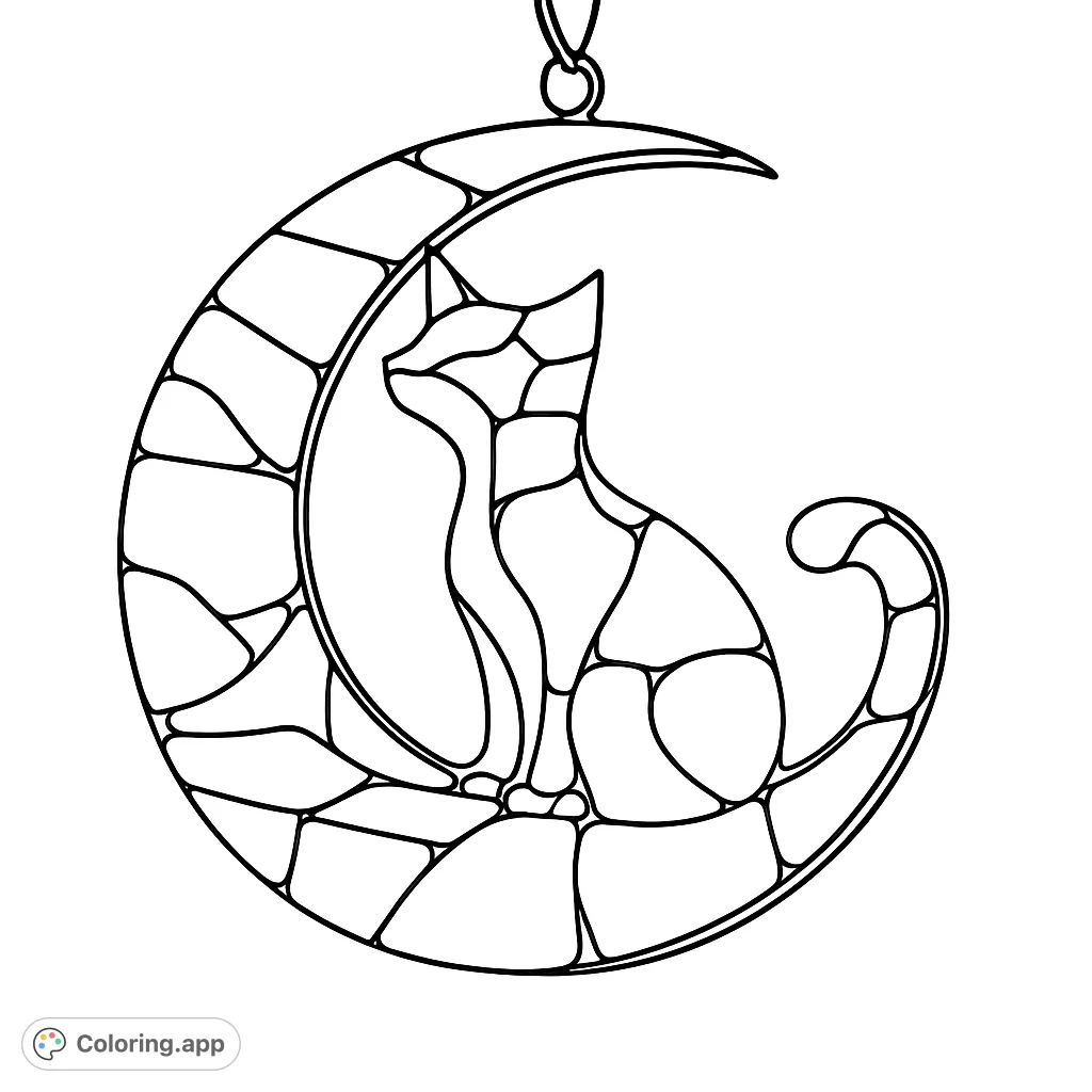 A whimsical stained-glass style cat sits gracefully within a crescent moon. Perfect for a magical coloring experience, featuring intricate mosaic patterns.