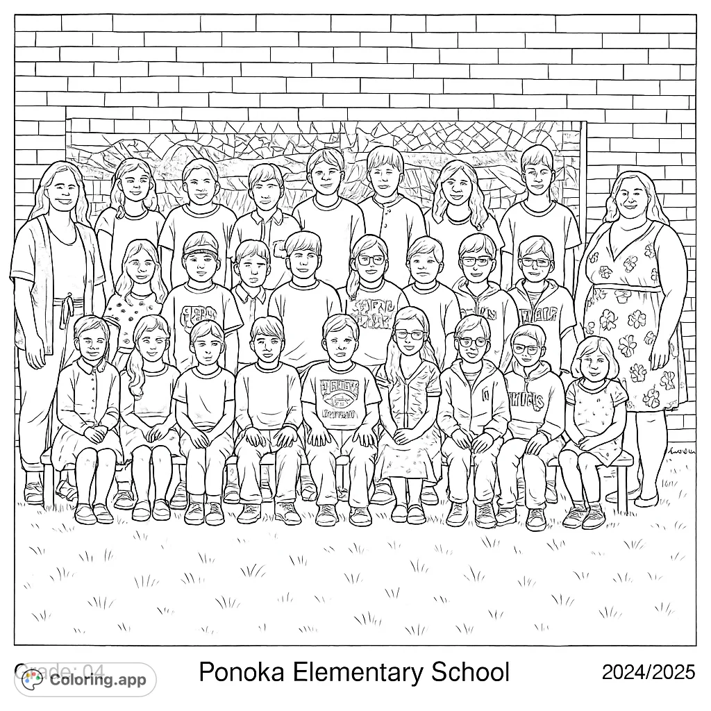 Capture school memories with this free printable school class photo coloring page. Features students, teachers, and a detailed background.