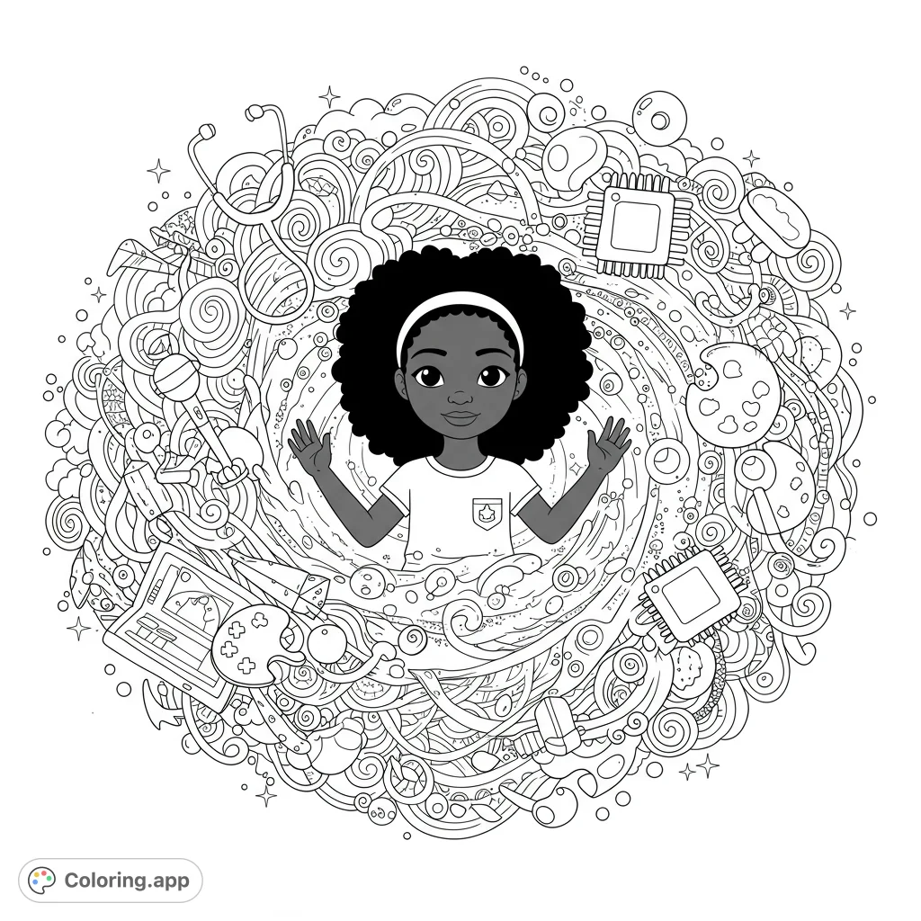 Explore a young girl's world of STEM and art, surrounded by swirling lines and objects like microchips, paint palettes, and rockets. A free printable coloring page for curious minds!