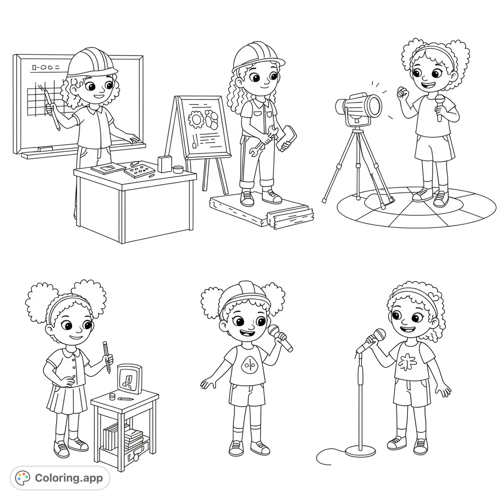 Empowering girls explore diverse careers: engineer, builder, reporter, artist, singer. A free printable coloring page for kids.