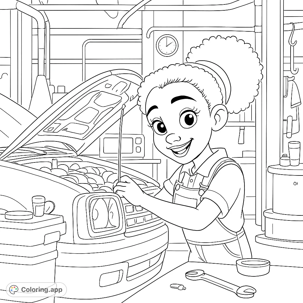 A cheerful girl mechanic smiles while working on a car in a busy garage. Perfect for kids who love cars and STEM careers.