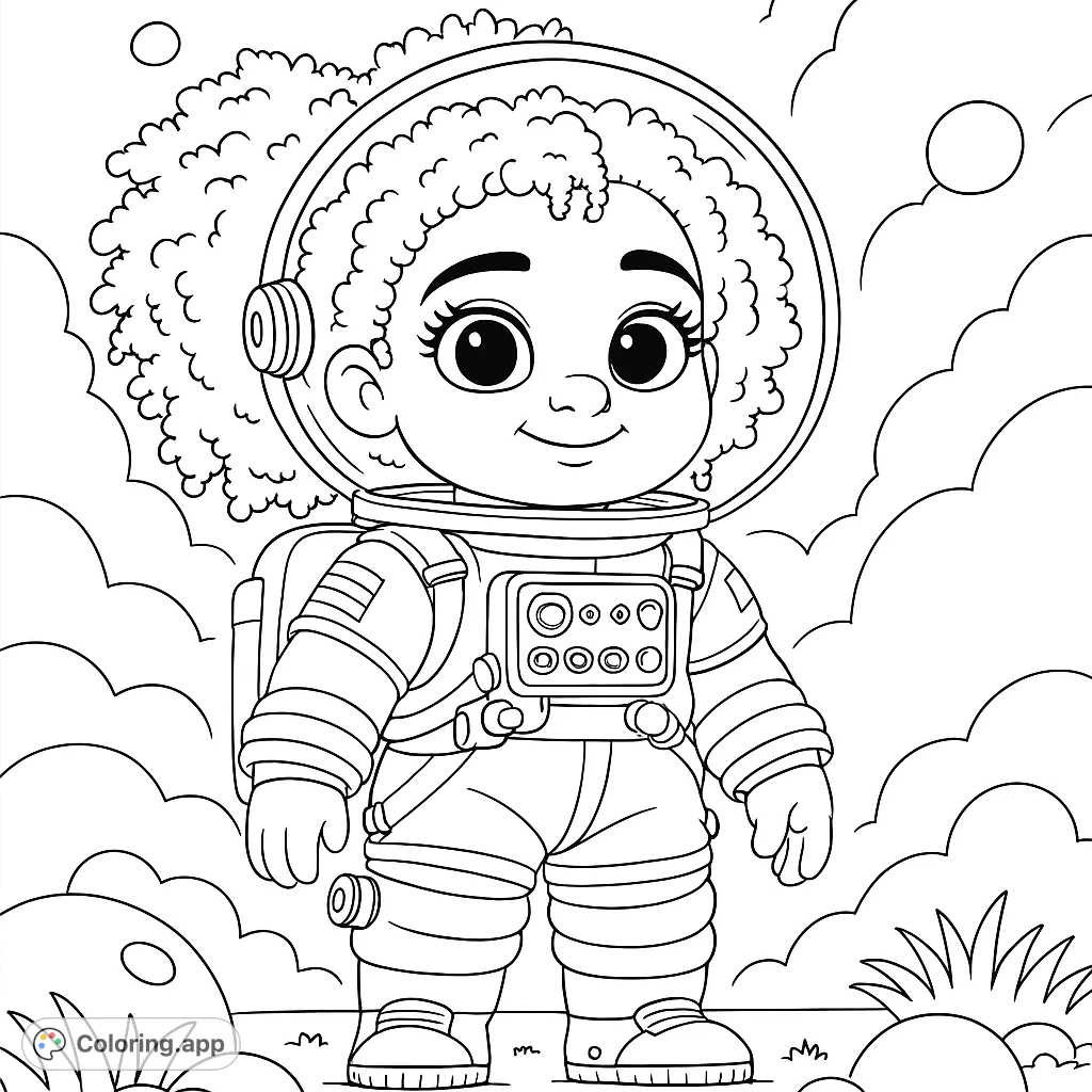 Explore space with a cute curly-haired astronaut in a detailed suit on an alien planet. A free printable space coloring page for kids and adults!
