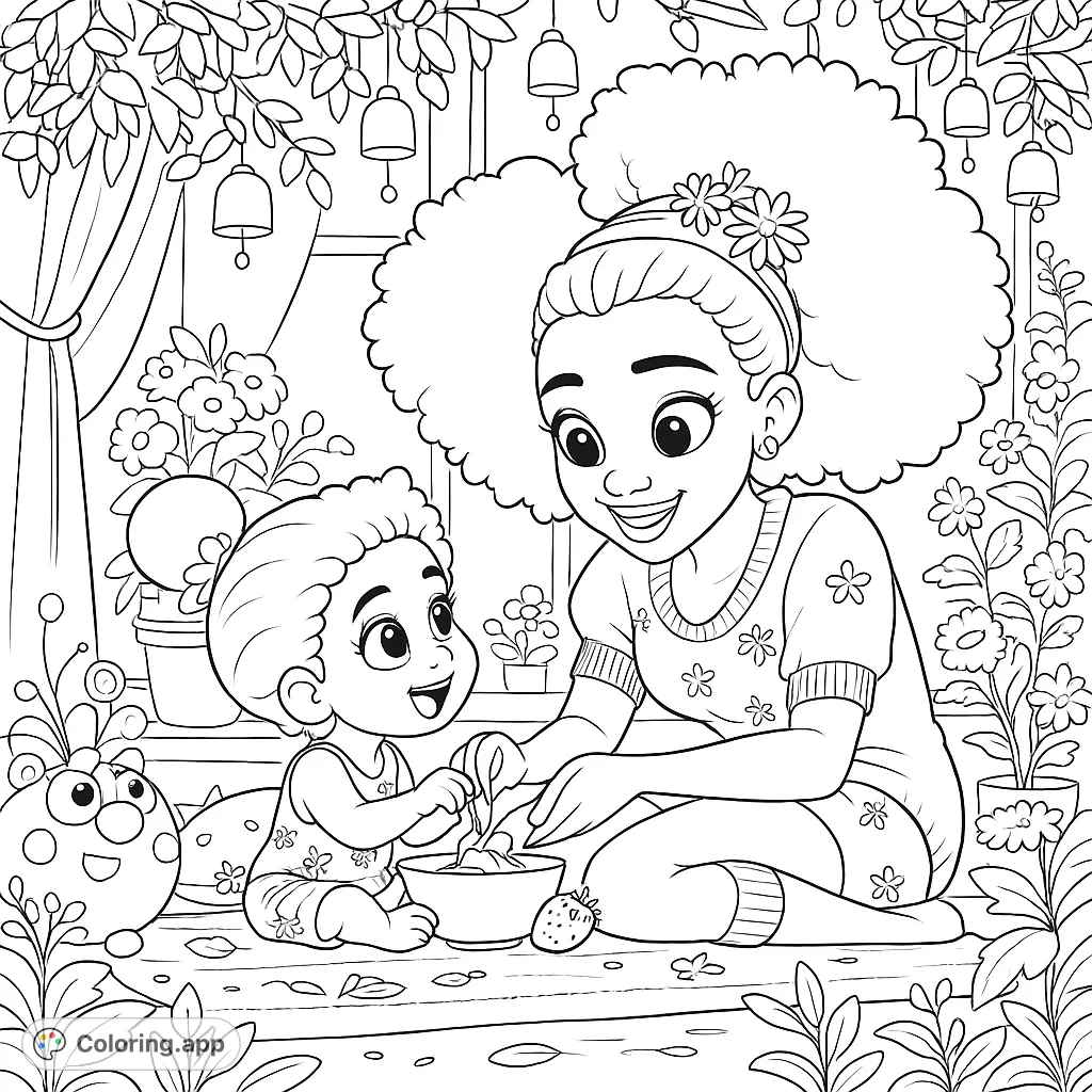 A heartwarming family bonding coloring page featuring a mother and child sharing a joyful moment, surrounded by lush plants and charming details.