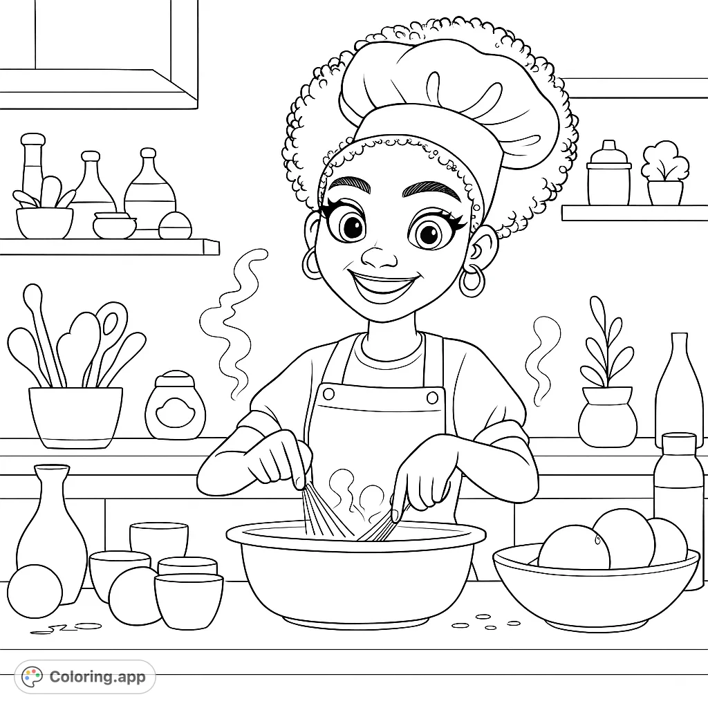 A cheerful chef bakes in a detailed kitchen, whisking ingredients. A delightful cooking coloring page for all ages.