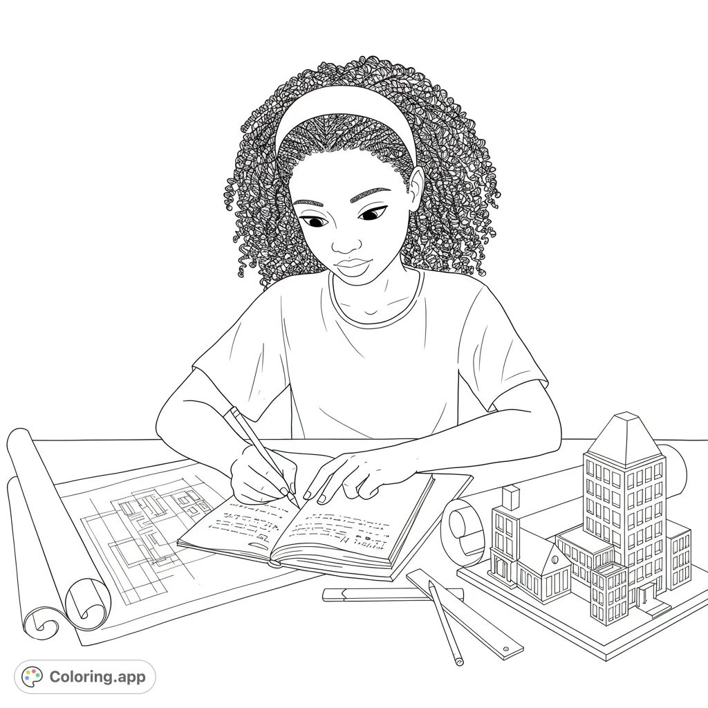 Inspiring young architect coloring page. A student designs buildings with blueprints & models.