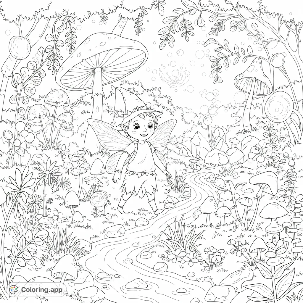 Explore an enchanted woodland with a cheerful fairy, winding stream, and whimsical mushrooms. A magical free printable coloring page for kids.