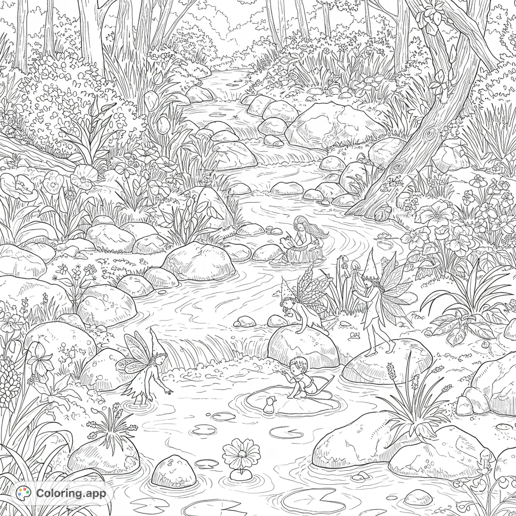 Whimsical fairies play in a detailed forest stream, surrounded by lush plants and rocks. A magical nature scene perfect for creative coloring.