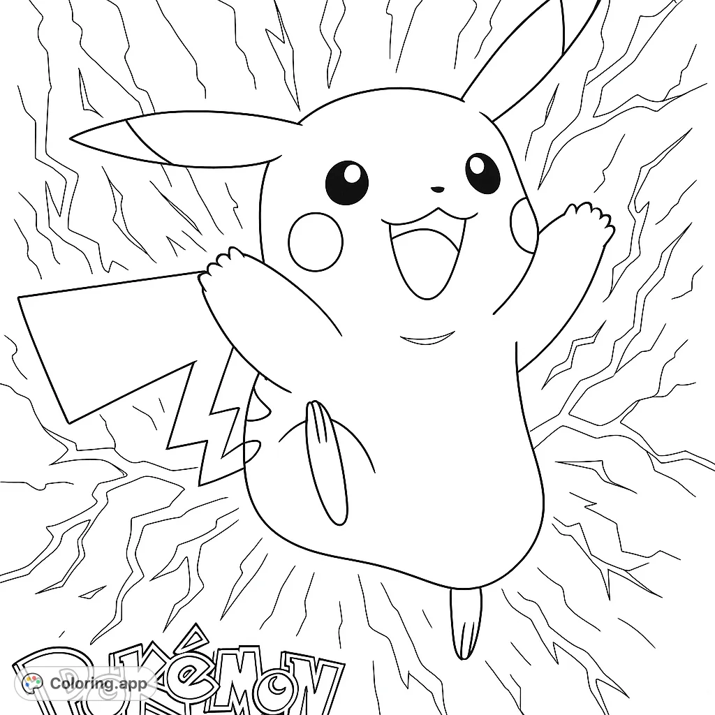A dynamic Pikachu coloring page with an electric aura, perfect for fans! Features the beloved Pokémon radiating energy, ready for vibrant colors.