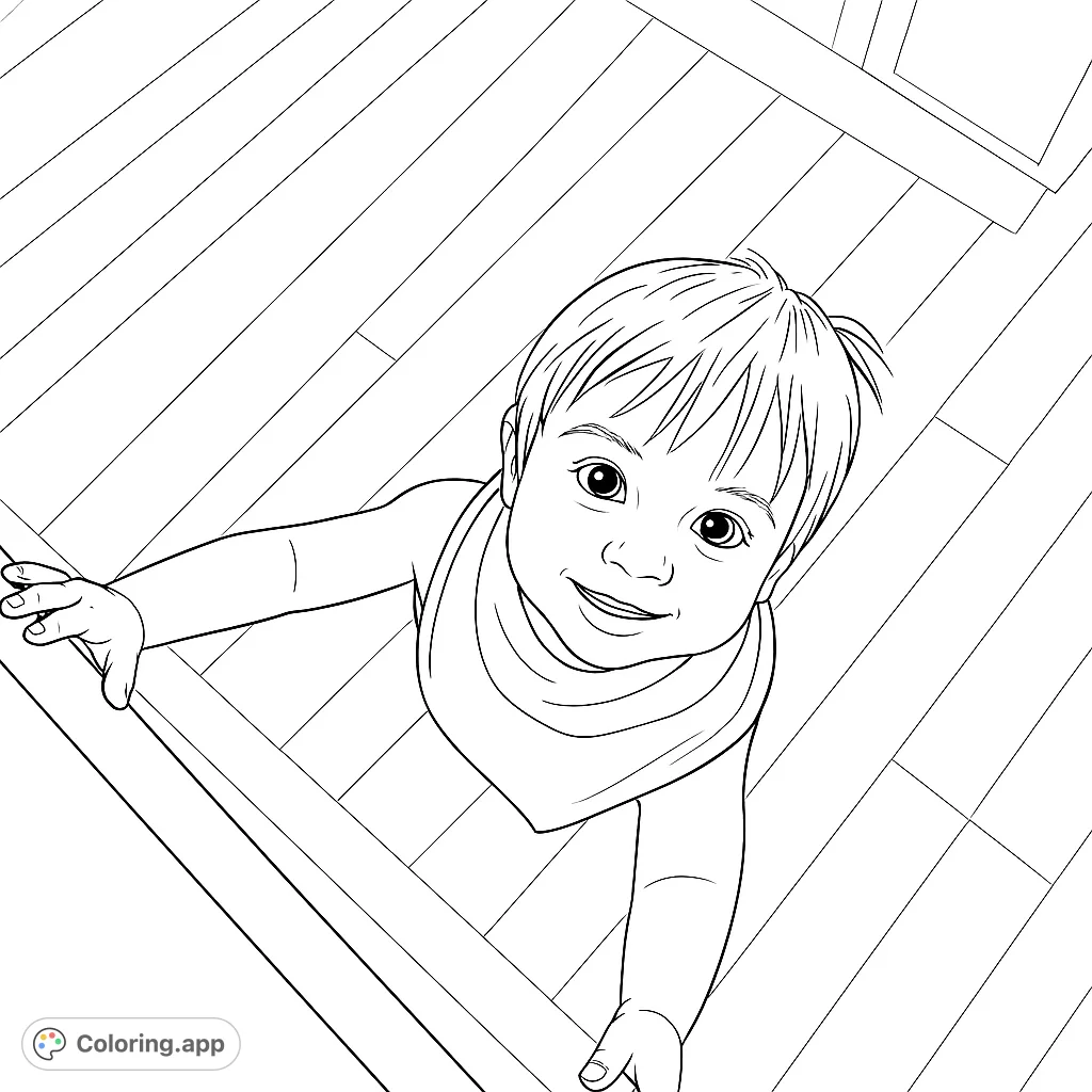 An adorable baby with a sweet smile looks up from a playpen. A charming free printable baby coloring page, perfect for kids and adults.