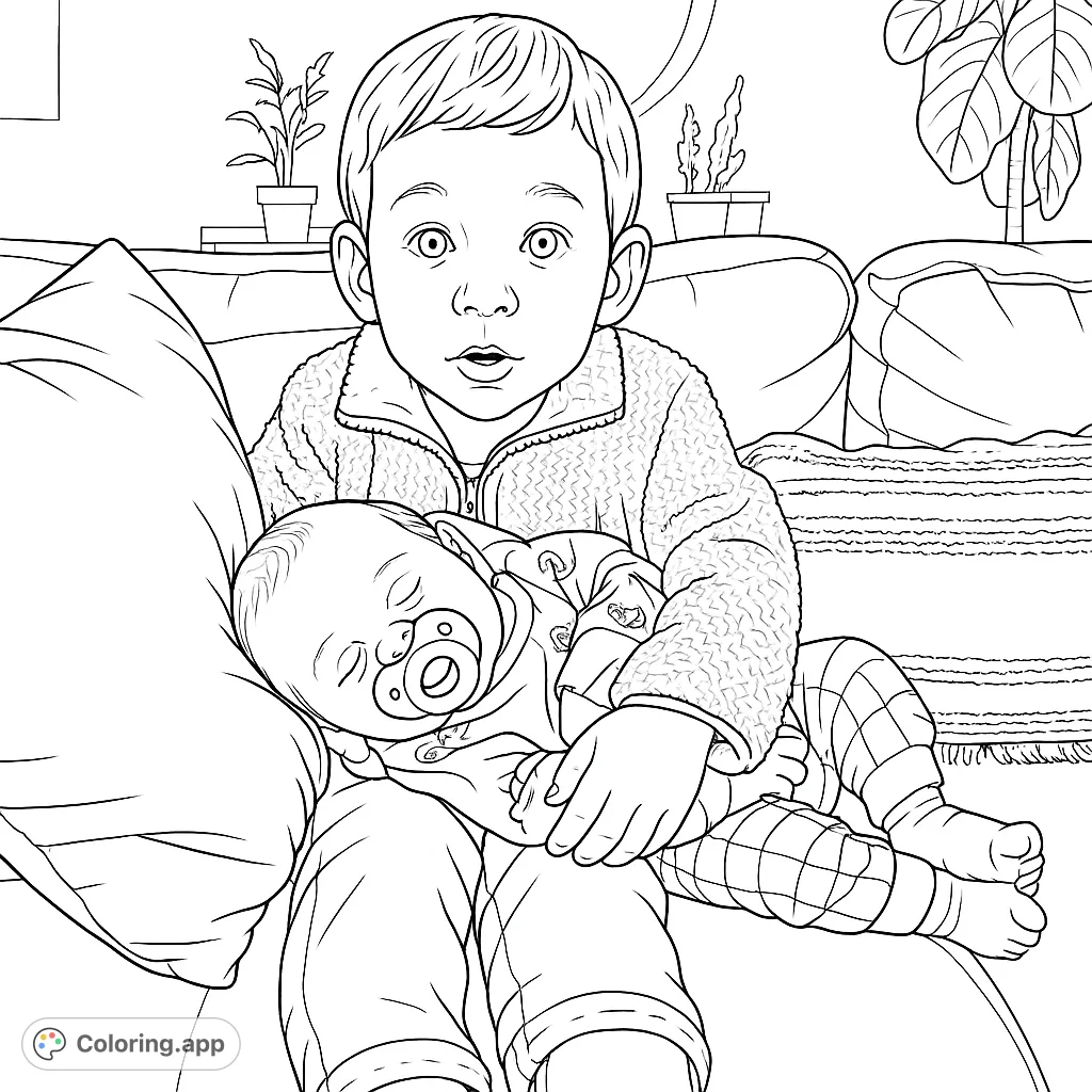 A tender moment captured: a young child gently holds a sleeping baby, surrounded by cozy home details. Perfect for family-themed coloring fun!