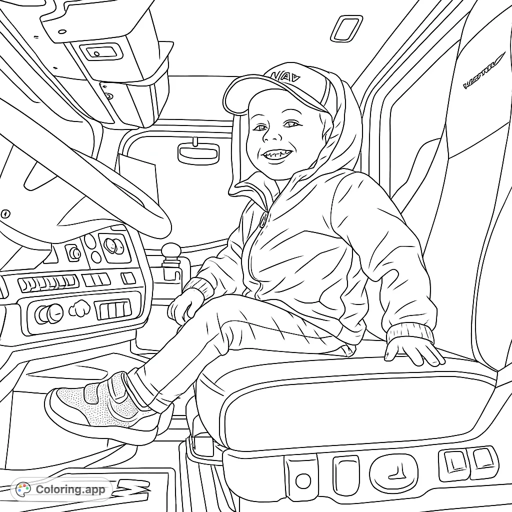 A cheerful child sits in a truck's driver seat, ready for adventure. A free printable truck coloring page for kids and adults.