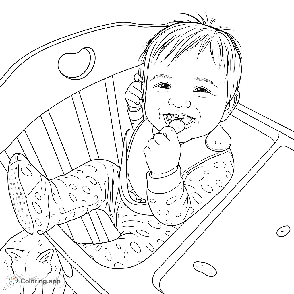 A delightful baby in a high chair, smiling and ready for coloring fun! Perfect for a free printable baby coloring page for kids and adults.