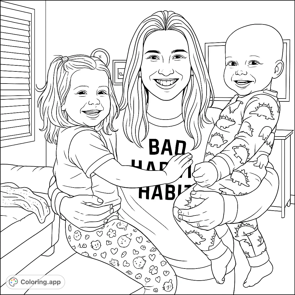 A joyful family portrait featuring a mother embracing her two smiling children. Perfect for a heartwarming coloring experience.