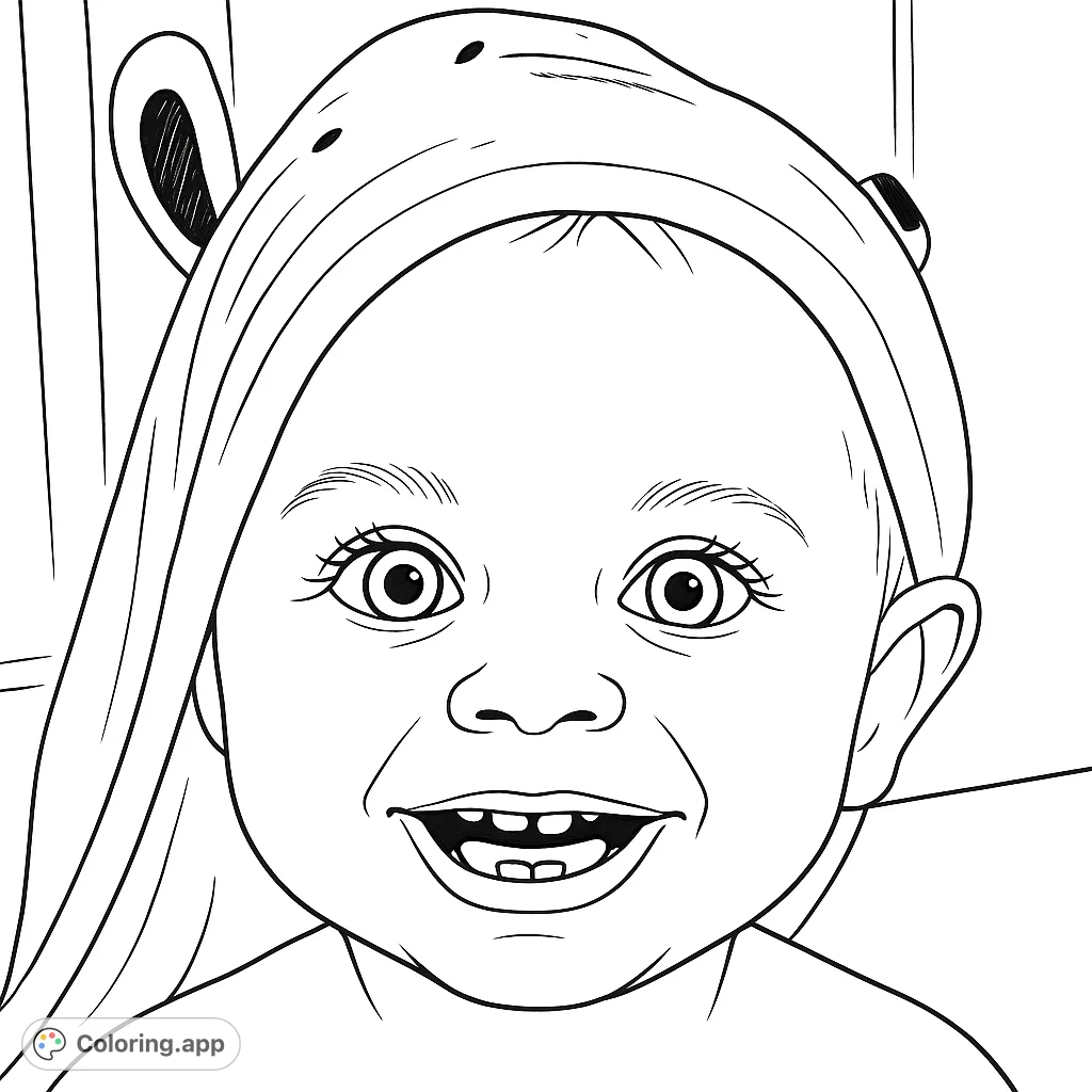A delightful baby in a hooded towel smiles with wide eyes and two tiny teeth, ready for a splash of color. Perfect for a cute baby coloring page.