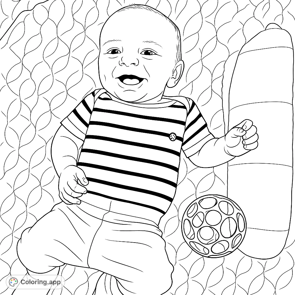 A delightful baby smiles while playing with a toy ball and bolster on a patterned mat. A heartwarming baby coloring page for all ages.
