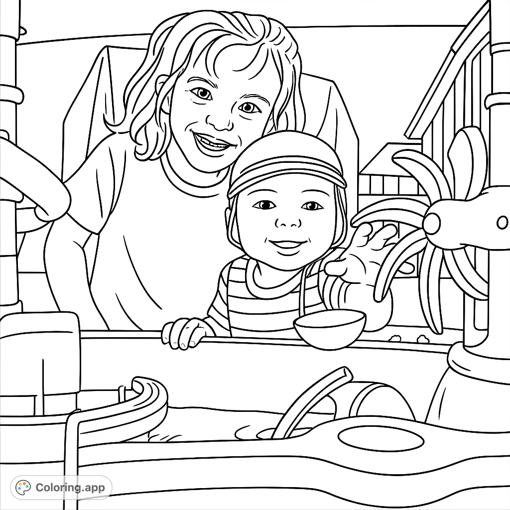 A heartwarming siblings coloring page featuring two children joyfully playing with a water toy. Perfect for kids and family fun.