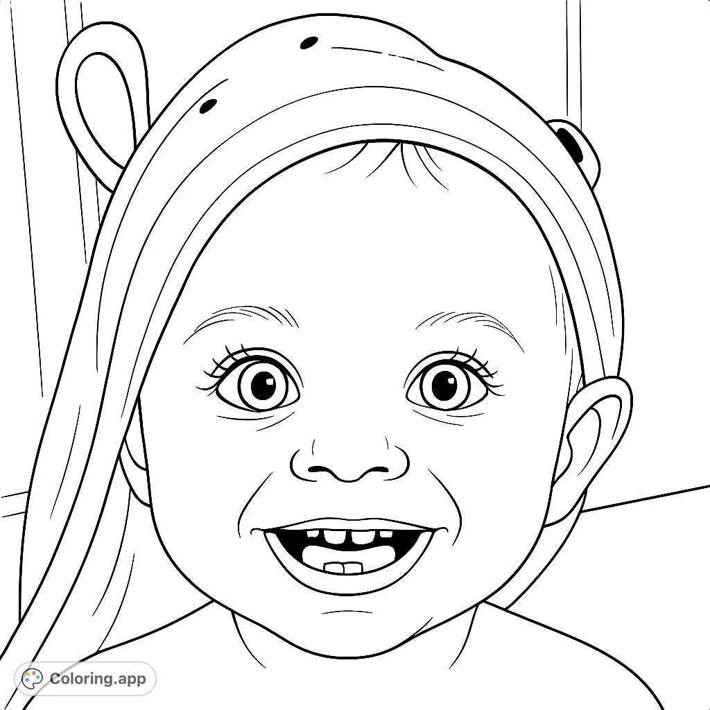 Adorable baby in a hooded towel, smiling brightly. A charming baby coloring page, perfect for capturing innocence and joy.
