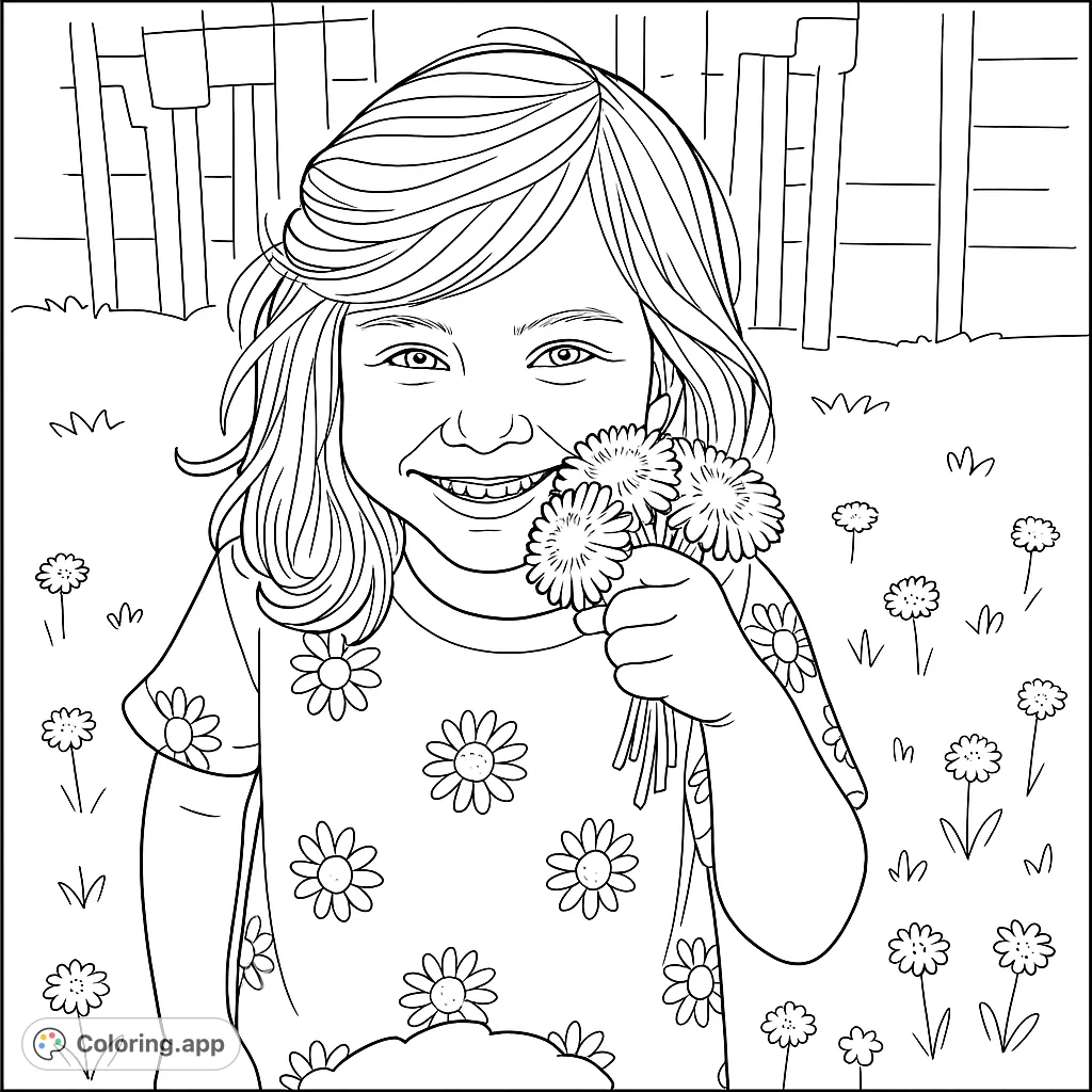 A joyful girl with a daisy-patterned shirt holds a bouquet of flowers in a sunny field. Perfect for a delightful spring coloring page!