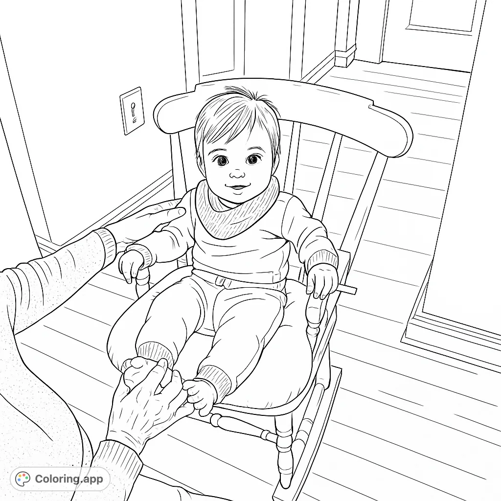 Capture a heartwarming moment with this baby coloring page. A sweet infant sits in a rocking chair, held by loving hands.