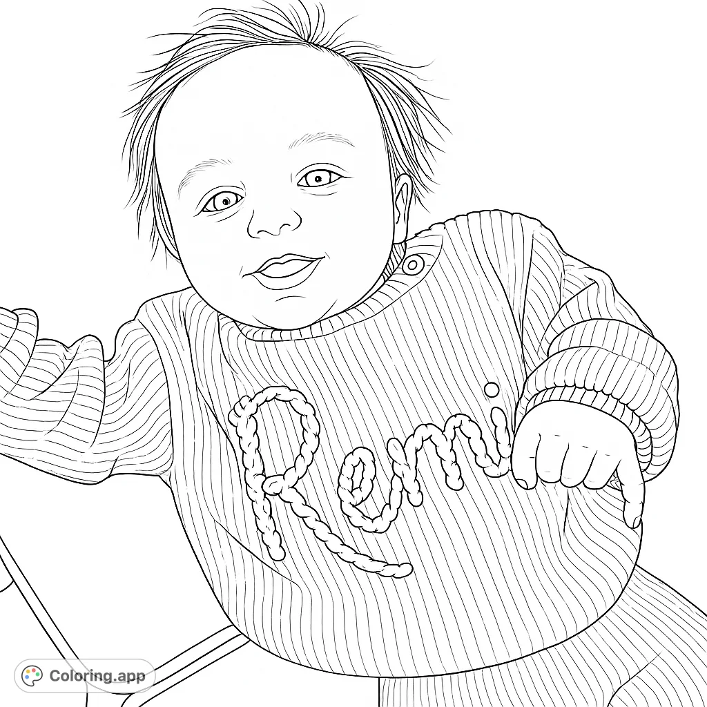 A delightful baby in a ribbed sweater with the name 'Remi' in rope texture. A charming free printable baby coloring page for all ages.