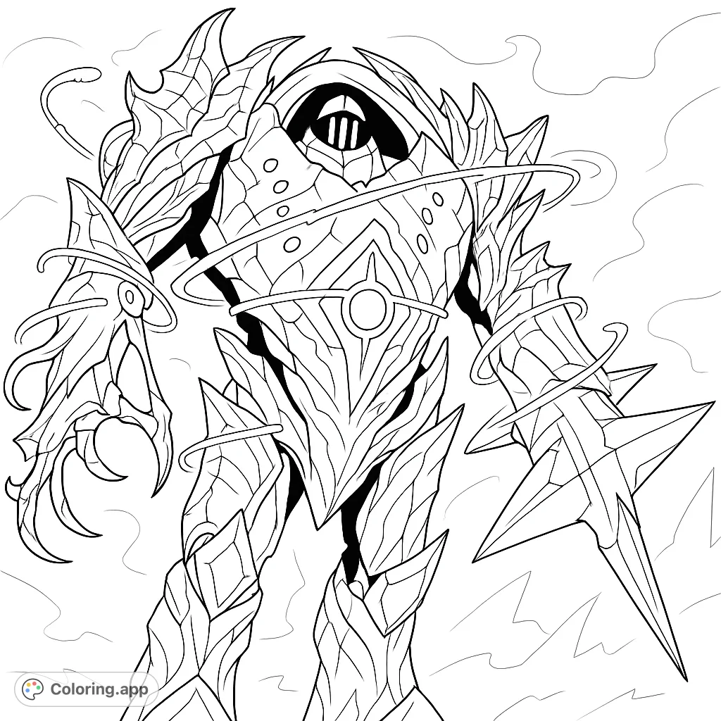 Unleash your creativity on this intricate fantasy golem coloring page. A powerful armored guardian with detailed segments and a star-shaped weapon awaits your vibrant touch.
