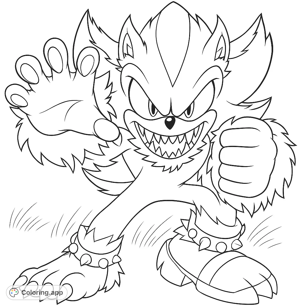 Unleash your creativity with this dynamic Werehog Shadow coloring page! A fierce, spiky character lunges forward, perfect for action-packed coloring fun.