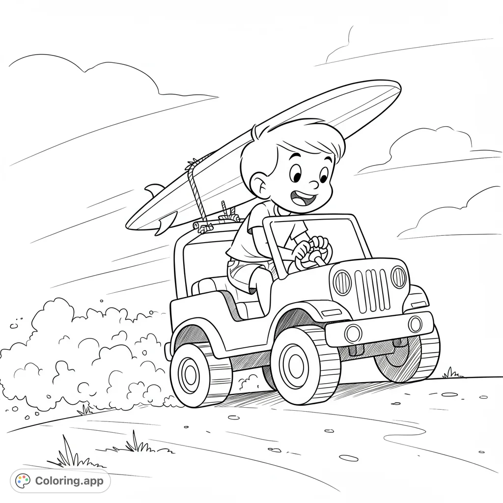 A happy boy drives a jeep with a surfboard on top, kicking up dust on his way to the beach. A fun, free printable summer adventure coloring page.