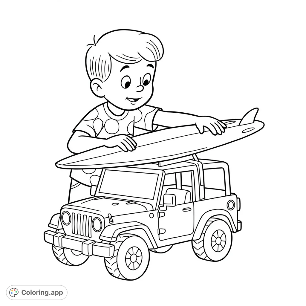 A cheerful boy loads his surfboard onto a rugged jeep, ready for a beach adventure. A fun, free printable summer coloring page for kids.