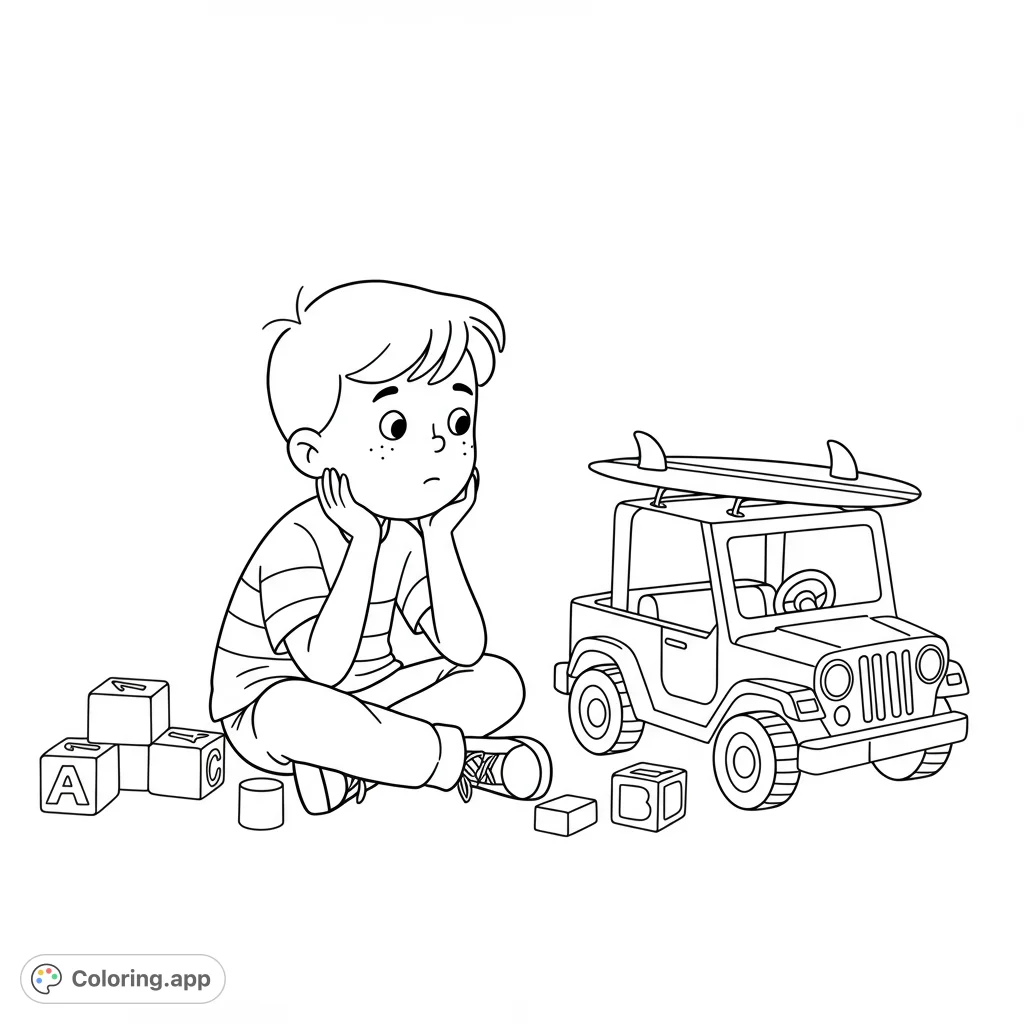 A thoughtful boy sits surrounded by building blocks and a cool toy jeep with a surfboard. A charming scene for kids to color, sparking imagination and play.