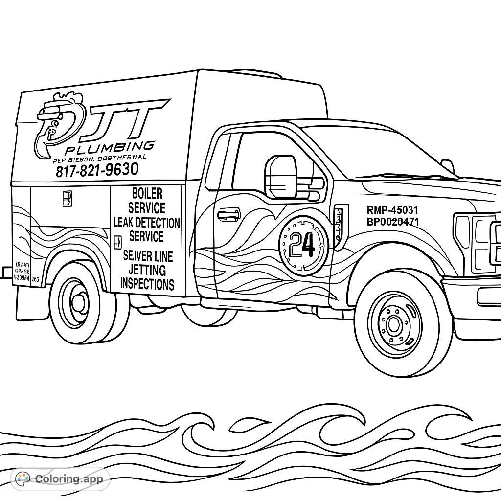 A detailed utility truck with dynamic wave patterns, perfect for a vehicle coloring page. Explore intricate lines and bring this service truck to life with vibrant colors.