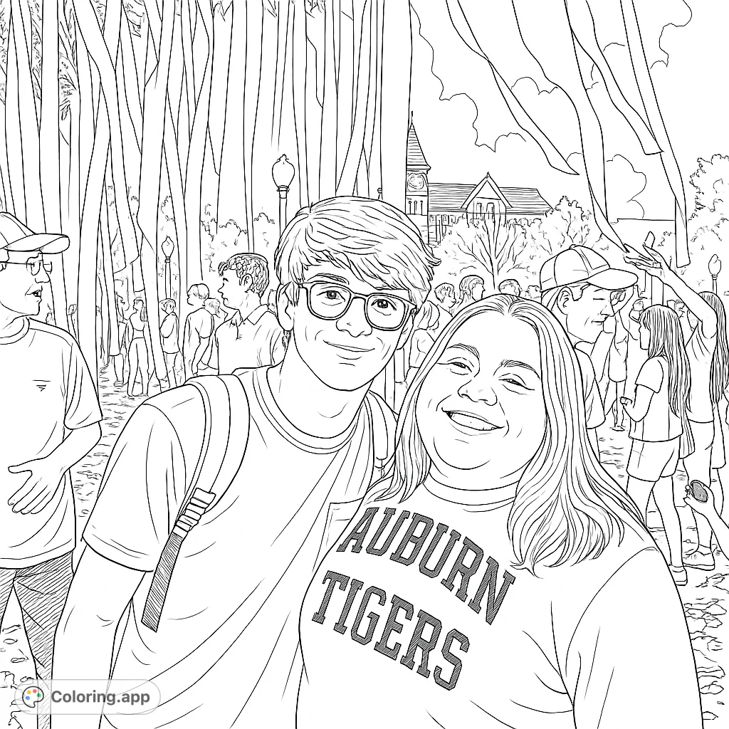 Capture the vibrant energy of a university campus with this free printable coloring page featuring two smiling friends amidst a lively crowd and iconic architecture.