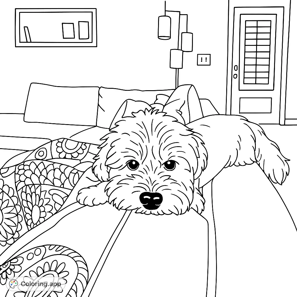 Adorable fluffy dog relaxing on a patterned couch, perfect for a cozy pet-themed coloring page. Free printable for all ages!