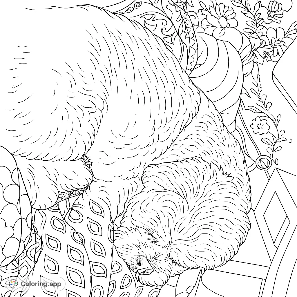 A fluffy cat sleeps soundly amidst intricate floral and leaf patterns. A cozy animal coloring page, perfect for relaxation and detailed coloring.