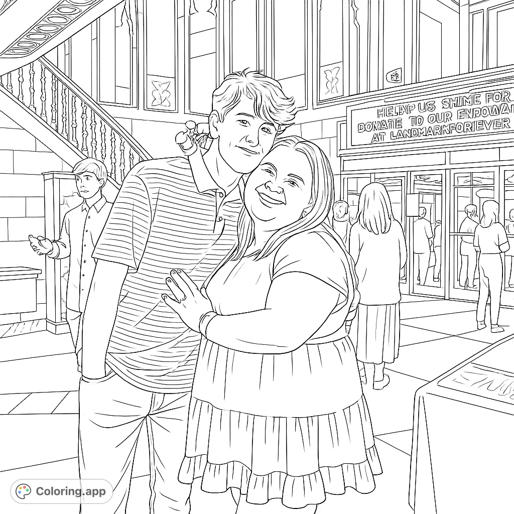 A heartwarming scene of a smiling couple embracing in a grand hall, surrounded by architectural details and other people. Perfect for personalizing with vibrant colors.